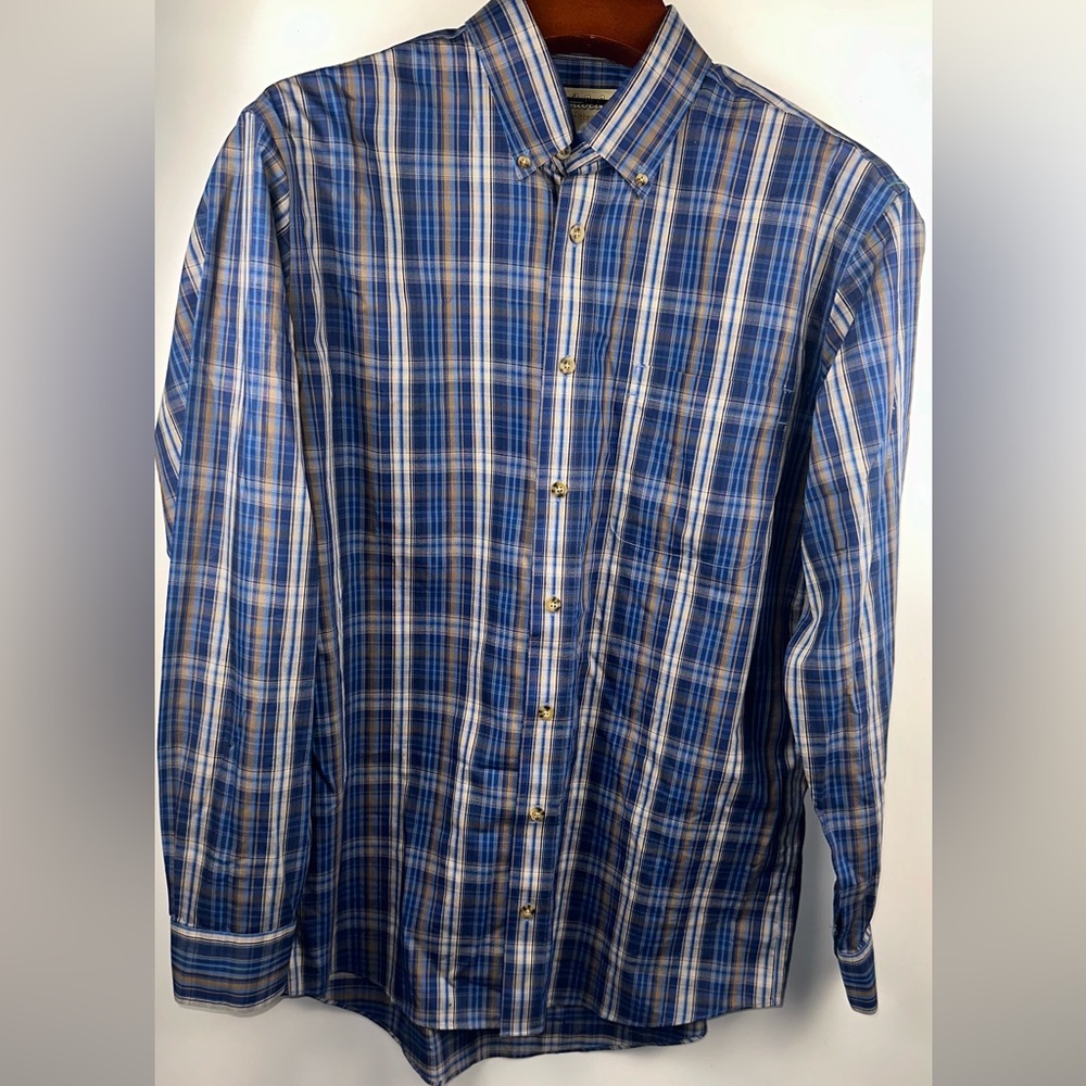 Cabela's Mens L Tall Button‎ Down Long Sleeve Blue Plaid Cotton Shirt